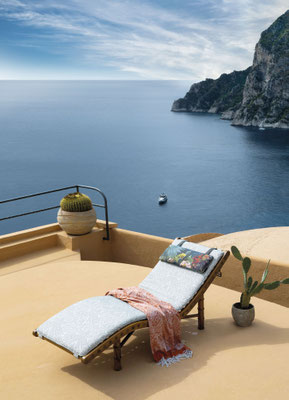 Menfi chaise longue designed by Luca Tornaghi for Etro Home, isolated presence in landscape highlighting proportion and suspension