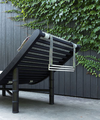 Menfi chaise longue designed by Luca Tornaghi for Etro Home, structural view emphasizing the exposed frame and construction logic