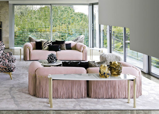 Malawi sofa by Luca Tornaghi for Roberto Cavalli Home, detail of upholstery with soft texture and sartorial finish