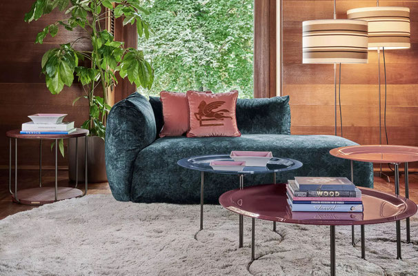 Cushy dormeuse designed by Luca Tornaghi for Etro Home, dark upholstered dormeuse with rounded cushions and compact continuous form