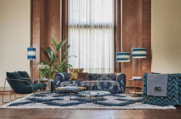Cushy sofa designed by Luca Tornaghi for Etro Home, upholstered sofa with patterned fabric and soft continuous seating composition