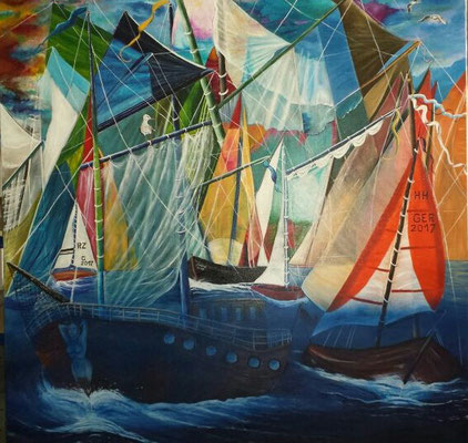 Segelschiffe , Öl auf Leinwand 150 x 150 cm
