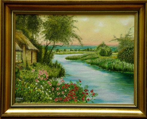 Flusslandschaft, Öl auf Leinenkarton gerahmt, 440 x 30 cm