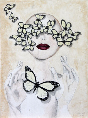 Schmetterlingsfrau, Kohle - Grafit - Aquarell auf Leinenkarton, 30 x 40 cm