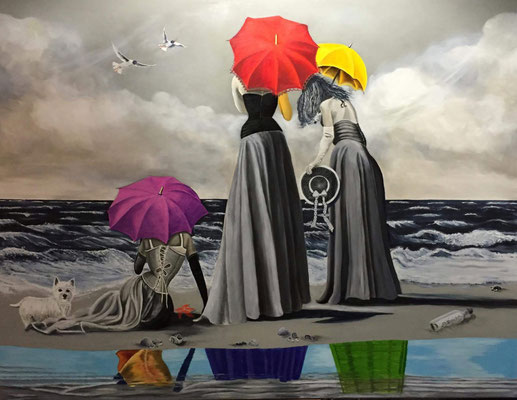Drei Damen am Meer, Öl auf Leinwand, 170 x 130 cm