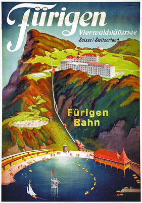 Werbebild des Hotels Fürigen und der Fürigenbahn. Die Typische übertriebene Darstellung deutet auf die 2. Hälfte des 20. Jahrhunderts