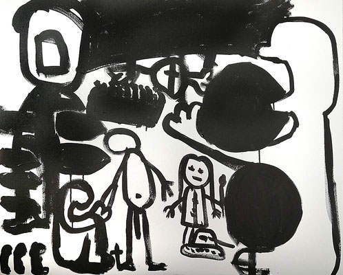 Der Mensch Krieg nicht genug (Mensch essen Erde auf), 2019, 100 x 80 cm, Acryl auf Leinwand