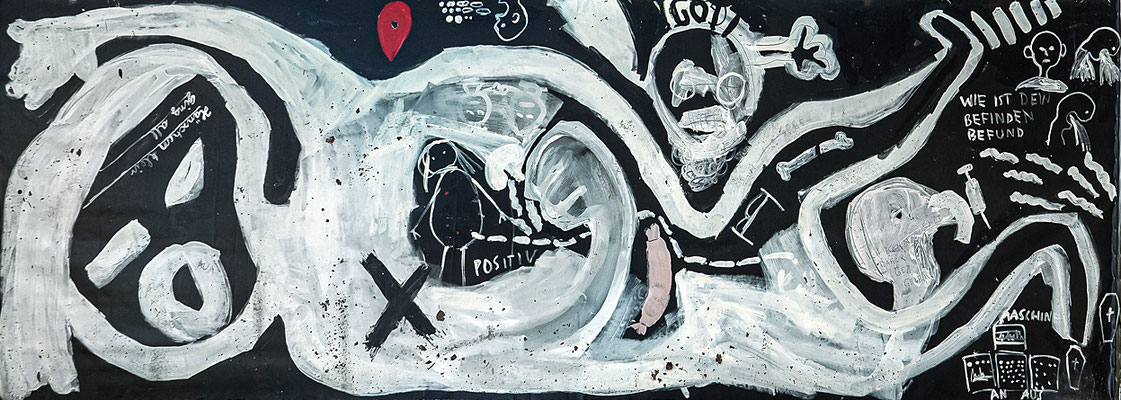Wie ist dein Befinden oder Abends Paderborner mit Fleischwurst und Was sagt eigentlich Gott dazu?, 2019, Acryl auf LKW-Plane, 150 x 450 cm