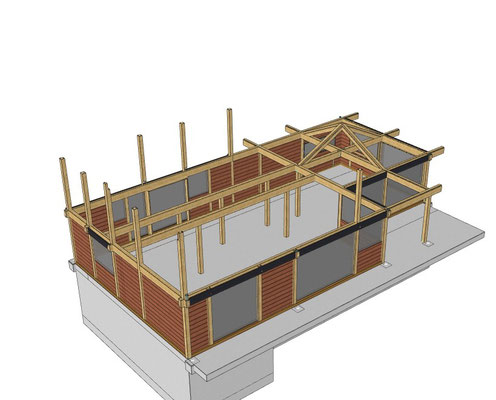 Vue 3D du Rez-de-chaussée ou l'on peut voir les poteaux et le structure du futur plafond cathédrale de la partie cuisine/salle à manger.