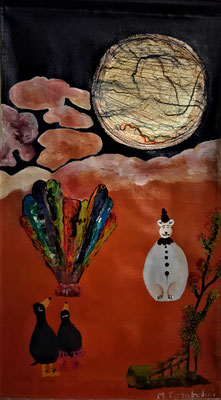 Marcela Tombolini, " Luna “Blanca“ 350 EUR Combine materials, acrylic and handmade silk paper on canvas,  56 cm x 32 cm, 2020.