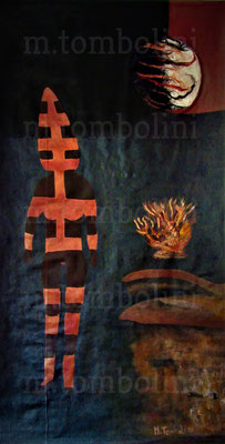 Marcela Tombolini, “The huge Secret KOTAIX” , Selknam Kultur Tierra del Fuego, Chile 1,000 EUR Combine materials, acrylic and handmade silk paper on canvas,  113 cm x 60 cm, 1000 €