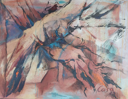 "Geborstene Stämme", 2023, Acryl, Kreide, Tusche auf Leinwand, 70 x 90 cm