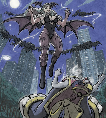 モリガン、レイレイ（ヴァンパイアシリーズ）対戦しているイメージで描きました