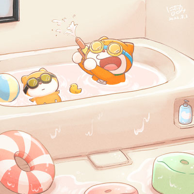 夏をテーマに、お風呂場で遊ぶ子供たちをイメージし、きんぽくんときんたくんの姿を描きました。