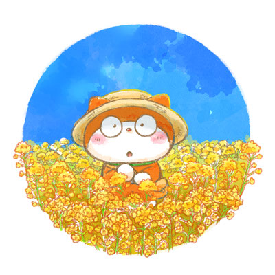 「菜の花おでかけきんぽくん」一面の菜の花畑の黄色と青い空。きんぽくんの表情にこだわりました。