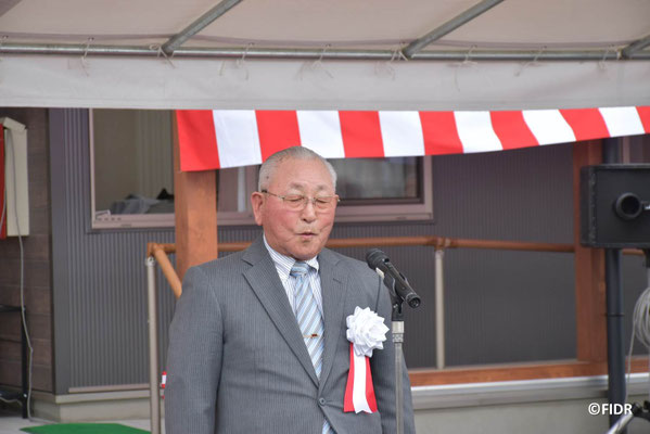 山田町飯岡老人クラブの佐々木鋼文会長のあいさつ