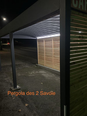 Ruban LED et brise vue en douglas sous un carport en aluminium sur mesure. Personnalisez vos abris, fini le givre en hiver et la surchauffe en été.