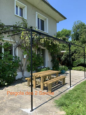 mise en place d'une pergola en fer forgé recouverte de végétation près de grenoble