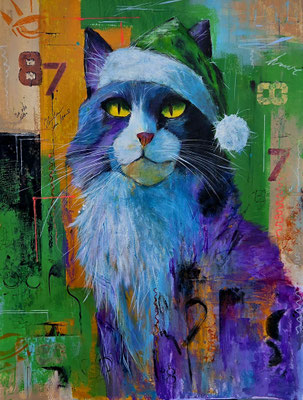 "Weihnachtskatze" Acryl, Papier 50x65cm, 170 Franken