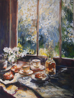 Spring Window, Coffee Time   Öl/Lwd. 60x80cm