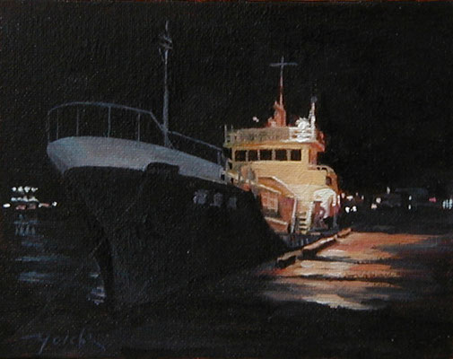 The Choshi harbor   in the night  夜の銚子港　oil painting  油彩0号