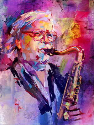 Gemaltes Porträt der Jazz Legende Klaus Doldinger im Stil der Spontanrealismus