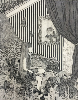 Crisis call-thinking at midnight /etching, aquatint/ 60×40cm/2014