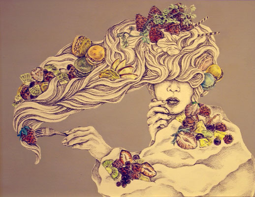 Full feeding/oil pencil, acrylic paint/41×31.8cm/2015