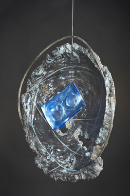 Swirl Hole # 1: Detail;   Cast Glass, Metal, Cement : 48 cm (h)x 46 cm (w) x 10 cm (d)