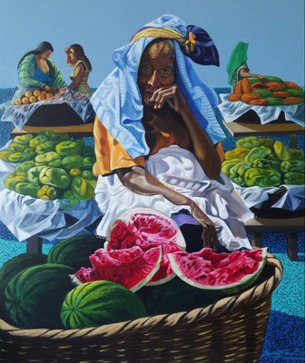 Viejita, sandias y mercado, 120cm x 100cm, acrilico sobre lino, 2016. Disponible. 4000  euro