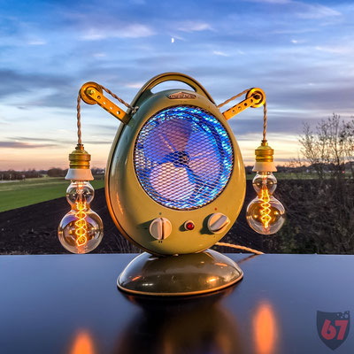 1950s Rodos Heater fan DIY upcycling light artwork with Edison bulbs and RGB LED - Jürgen Klöck 2020