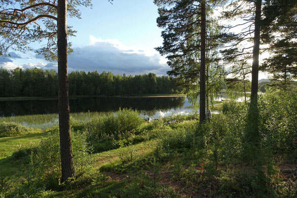 Der Blick aus dem Heckfenster unseres Wohnmobils auf dem Campingplatz