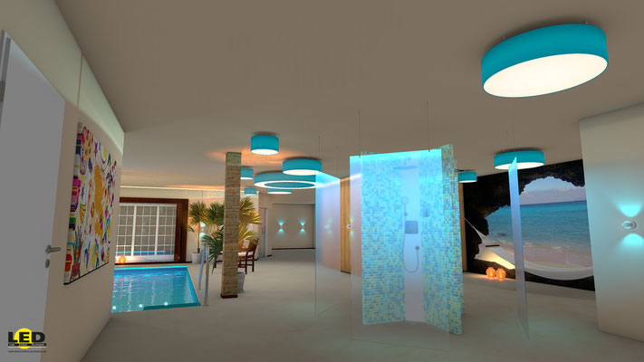 Visualisierung des Wellnessbereichs eines Fitness-Studios mit dem Thema "Karibik"