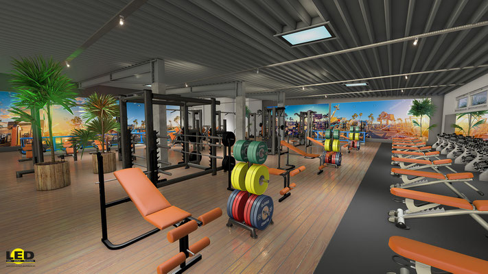 Visualisierung eines Fitness-Studios mit dem Thema "Muscle Beach", Los Angeles