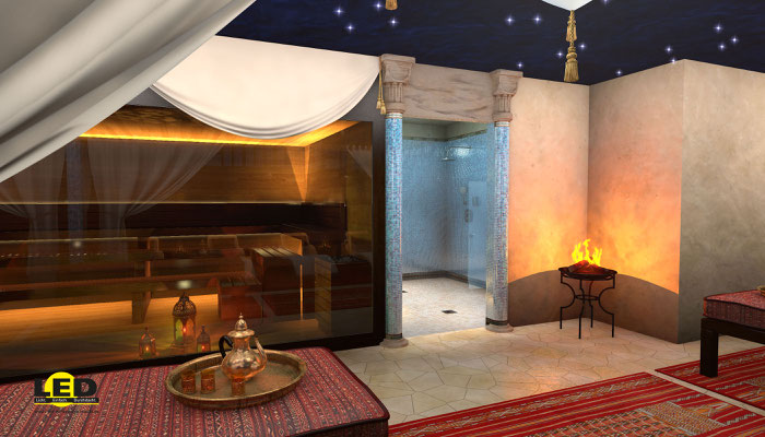 Visualisierung eines Fitness-Studios, Saunabereich im orientalischen Stil