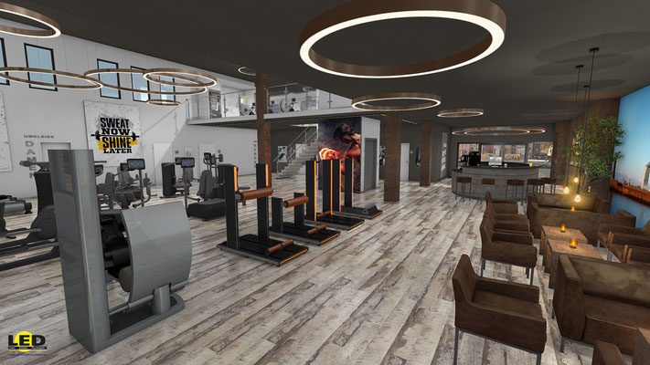 Visualisierung eines Fitness-Studios, Trainingsbereich, Lounge und Empfangsbereich