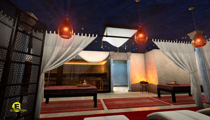 Visualisierung eines Fitness-Studios, Saunabereich im orientalischen Stil