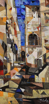 Gasse in Apulien, 2024, Mischtechnik auf Holz, 57 x 27 cm