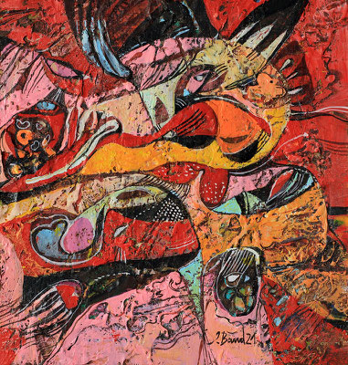 Der rosarote Panther, 2021, Mischtechnik auf Holz, 20 x 19 cm