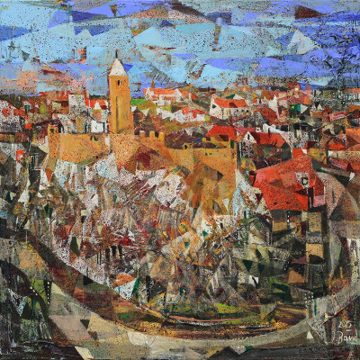 Die Burg im Winter, 2025, Mischtechnik auf Leinwand, 40 x 40 cm