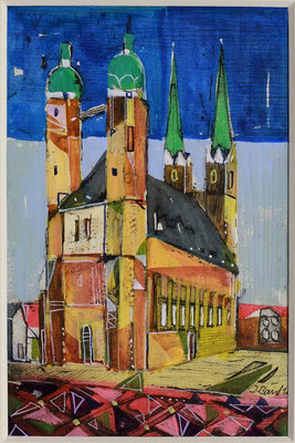 Halle, Marktkirche, Radierung, koloriert, 15 x 10 cm