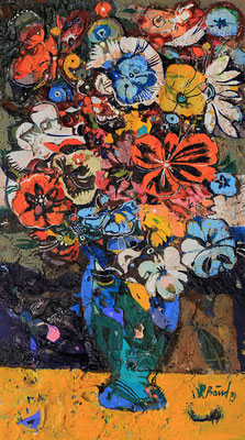 Blumen in blauer Vase, 2024, Mischtechnik auf Holz, 40 x 22 cm