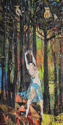 Tänzerin im Wald, 2023, Mischtechnik auf Holz, 30 x 15 cm