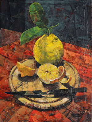 Zitronen mit Messer, 2016, Mischtechnik auf Leinwand, 40 x 30 cm