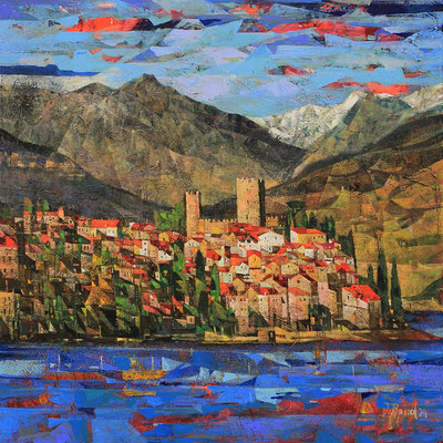 Comer See, Castello di Rezzonico, 2024, Mischtechnik auf Leinwand, 70 x 70 cm