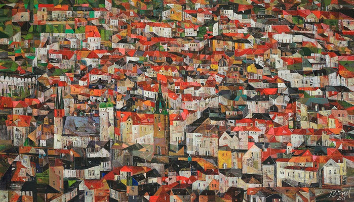 Halle, Stadtansicht, 2026, Mischtechnik auf Leinwand, 80 x 140 cm