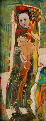Mädchen mit Fisch, 2007, Mischtechnik auf Holz, 23 x 10 cm