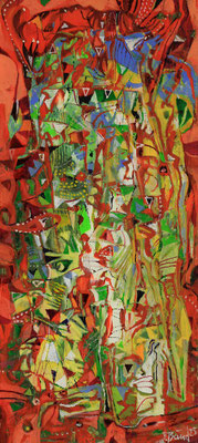 Im Dickicht, 2025, Mischtechnik auf Holz, 28 x 13 cm