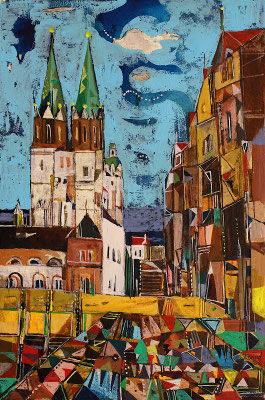 Hallmarkt, Radierung, koloriert, 30 x 20 cm