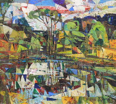 Kleiner Teich, 2024, Mischtechnik auf Hartfaser, 18 x 20 cm